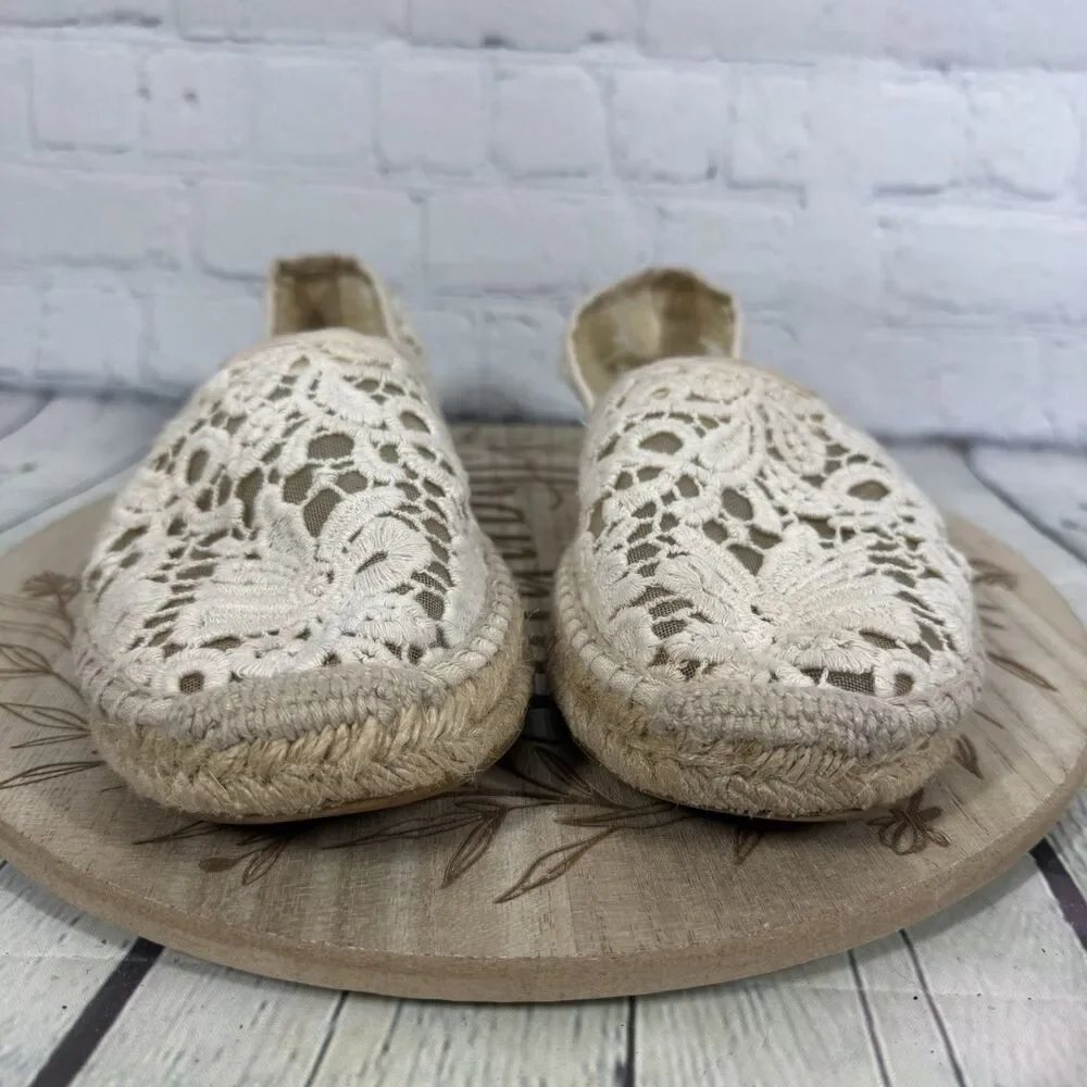 Tory Burch Crochet Lace Espadrilles Women 10.5 Ivory Boho Coastal Cottage Flats